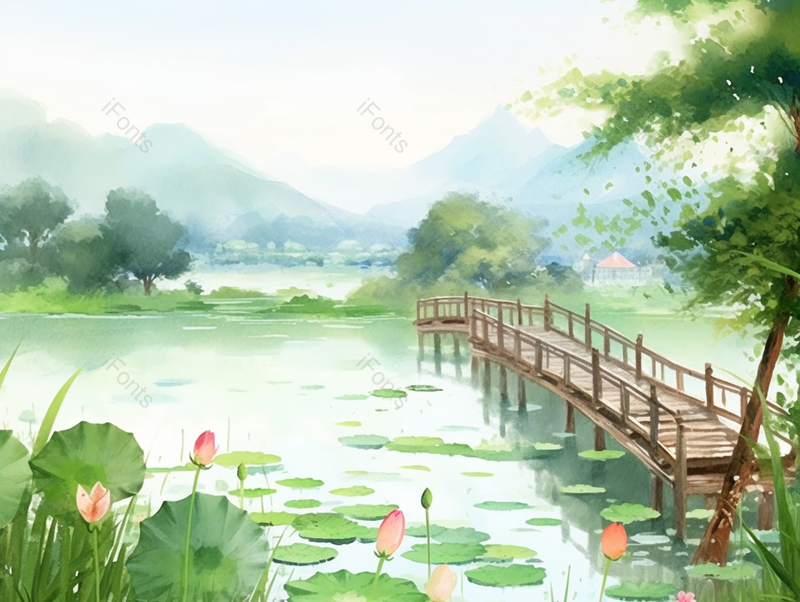 夏天莲花池塘上的木桥,插画/手绘图,插画/手绘图库,插画/手绘图下载,插画/手绘